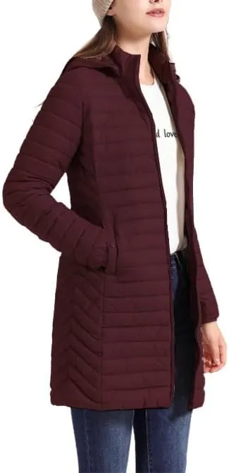 Women's Packable Long Puffer Jacket Lightweight Quilted Parka Jacket Winter Coat with Detachable Hood