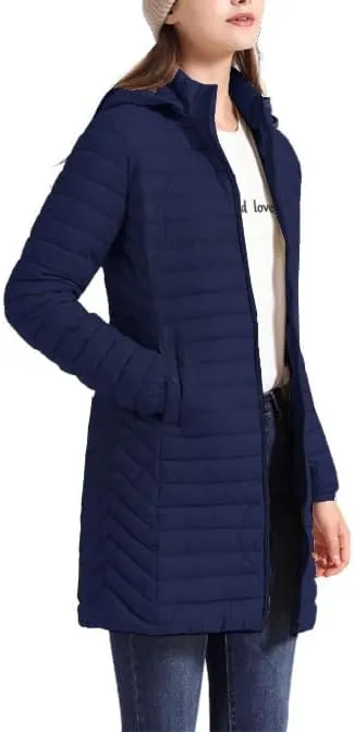 Women's Packable Long Puffer Jacket Lightweight Quilted Parka Jacket Winter Coat with Detachable Hood