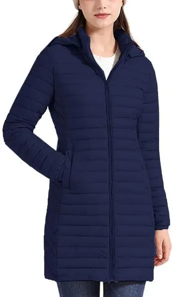 Women's Packable Long Puffer Jacket Lightweight Quilted Parka Jacket Winter Coat with Detachable Hood