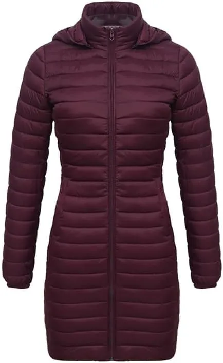 Women's Packable Long Puffer Jacket Lightweight Quilted Parka Jacket Winter Coat with Detachable Hood