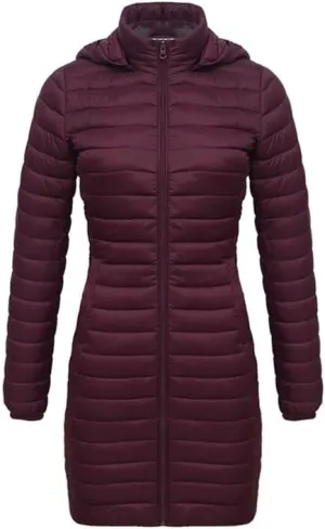 Women's Packable Long Puffer Jacket Lightweight Quilted Parka Jacket Winter Coat with Detachable Hood