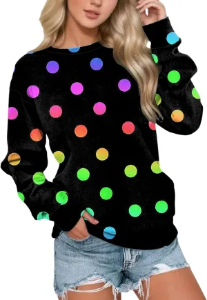 Womens Polka Dot Sweatshirt Crewneck Pullover Oversized Sweatshirts Stylish Casual Sweat Shirt Loose Fit Fall