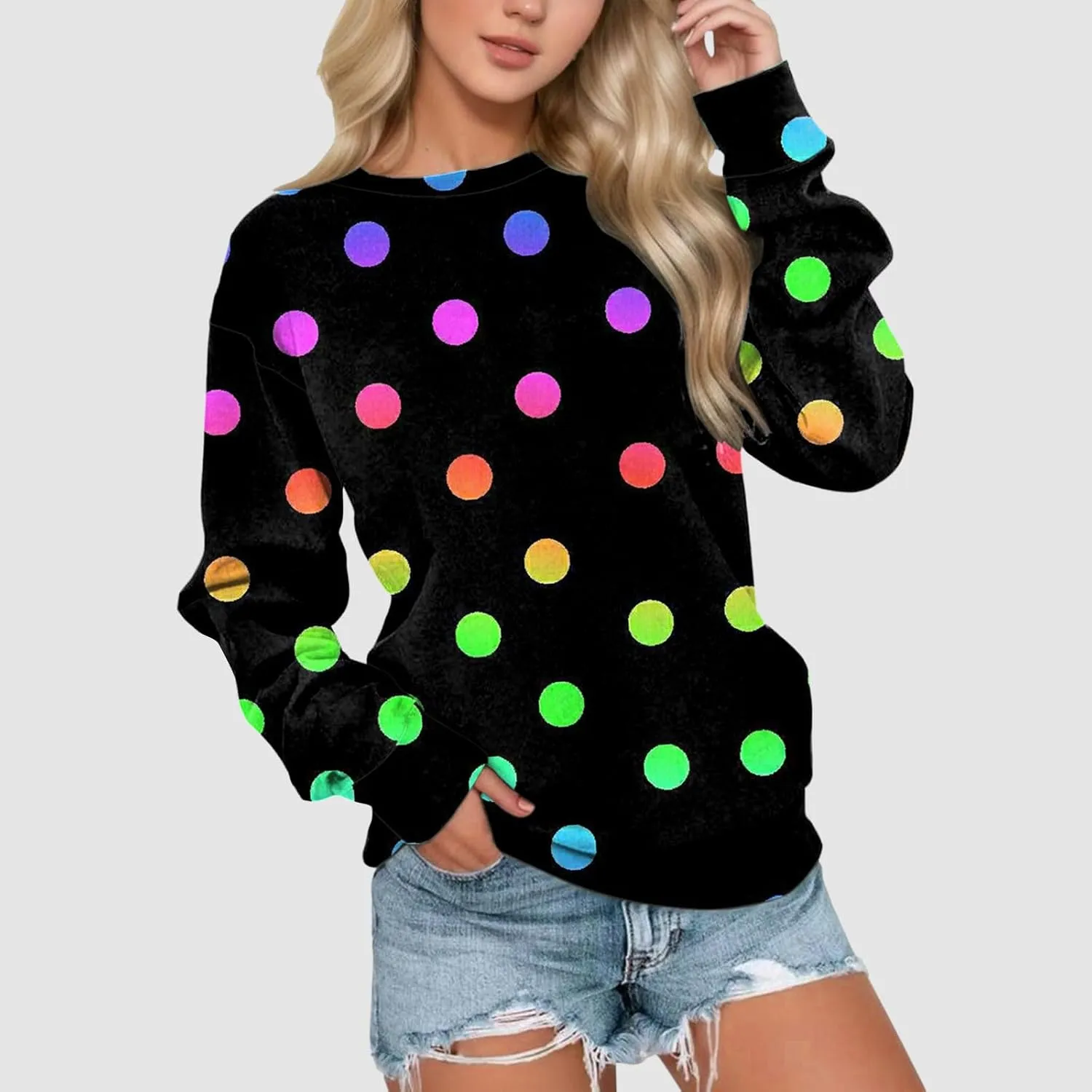 Womens Polka Dot Sweatshirt Crewneck Pullover Oversized Sweatshirts Stylish Casual Sweat Shirt Loose Fit Fall