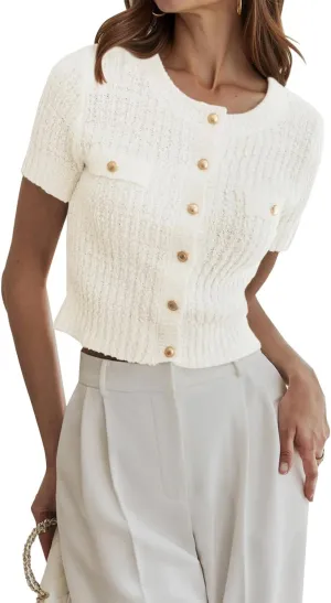 Womens Short Sleeve Sweater Cardigan 2025 Summer Cropped Sweater Top Button Down Shirts Dressy Casual Knit Work Blouses Lightweight Open Front Lady Jacket Outwear Beige White