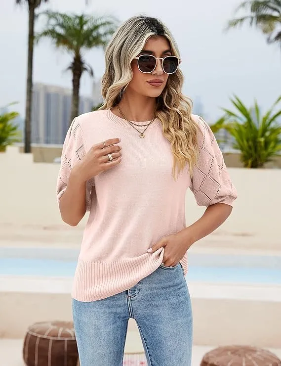 Women's Short Sleeve Sweaters Crew Neck Knit Lightweight Pullover Tops Summer Spring Sweaters 2025 Casual Outfits