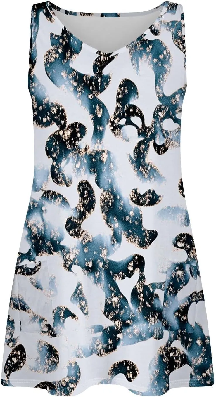 Women's Sleeveless Floral Print Summer Dress Casual Loose Fit V-Neck Beach Summer with Pattern