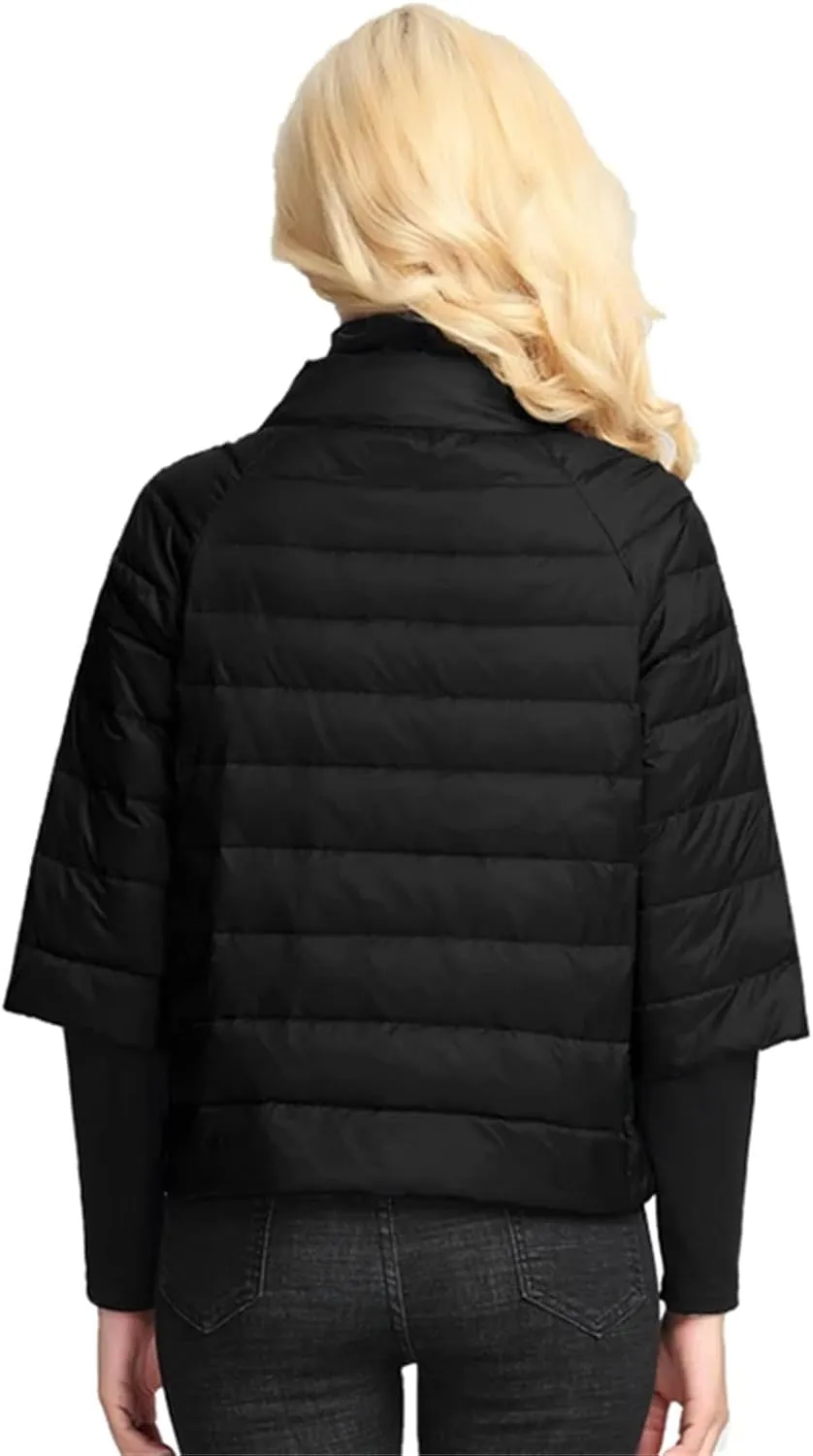 Women's Stand Collar Short Puffer Jacket Light Three Quarter Sleeves Parkas Coat