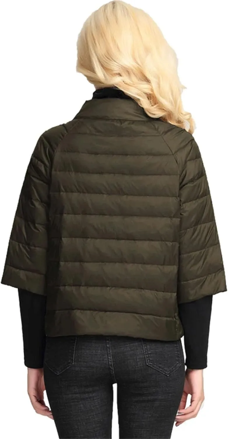 Women's Stand Collar Short Puffer Jacket Light Three Quarter Sleeves Parkas Coat
