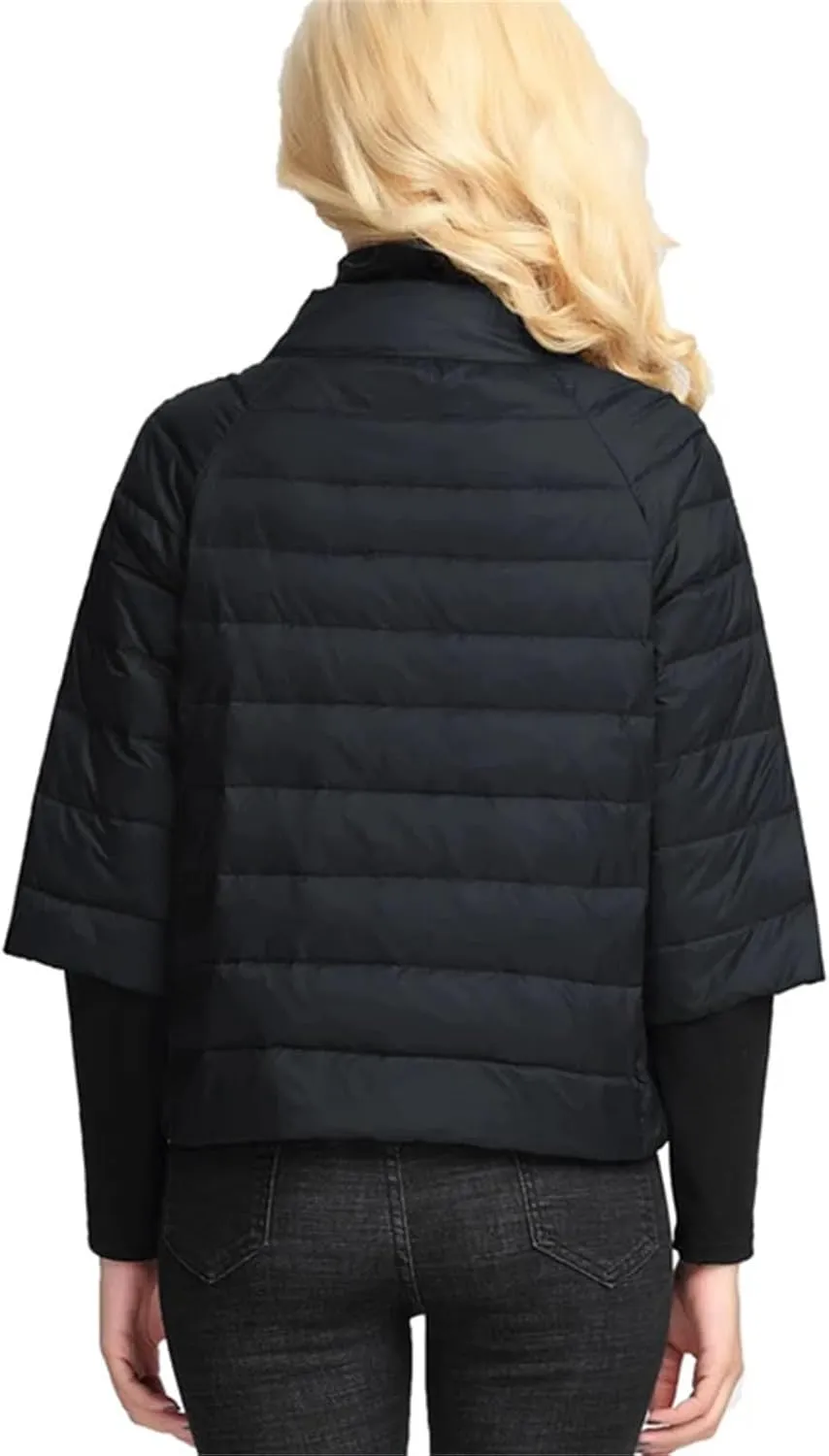 Women's Stand Collar Short Puffer Jacket Light Three Quarter Sleeves Parkas Coat