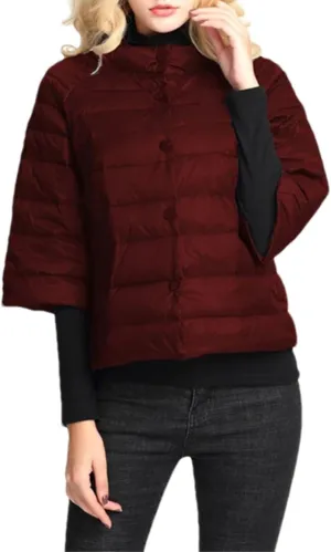 Women's Stand Collar Short Puffer Jacket Light Three Quarter Sleeves Parkas Coat