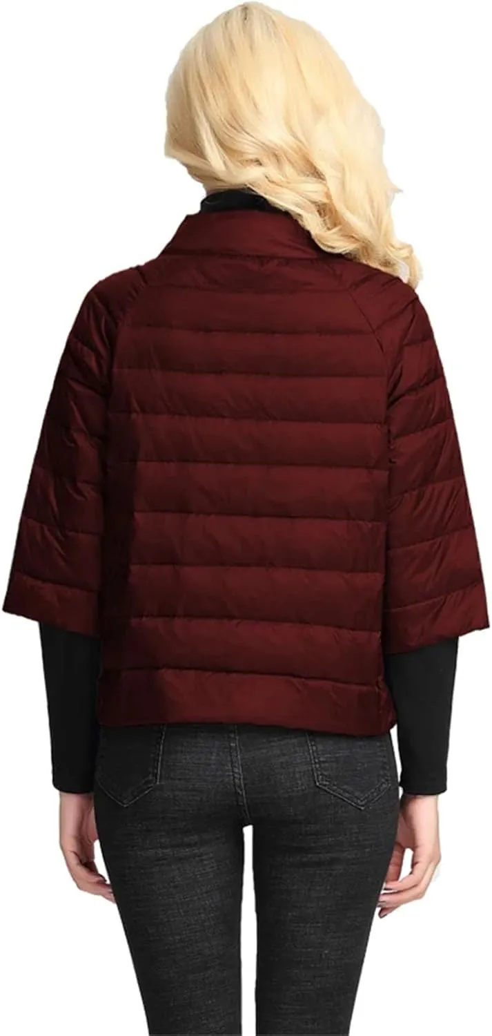 Women's Stand Collar Short Puffer Jacket Light Three Quarter Sleeves Parkas Coat