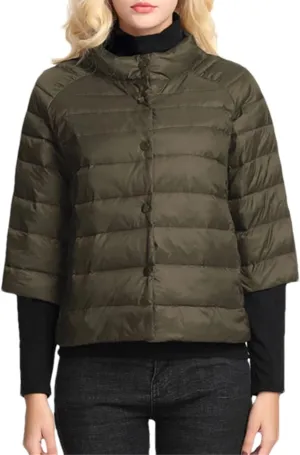 Women's Stand Collar Short Puffer Jacket Light Three Quarter Sleeves Parkas Coat