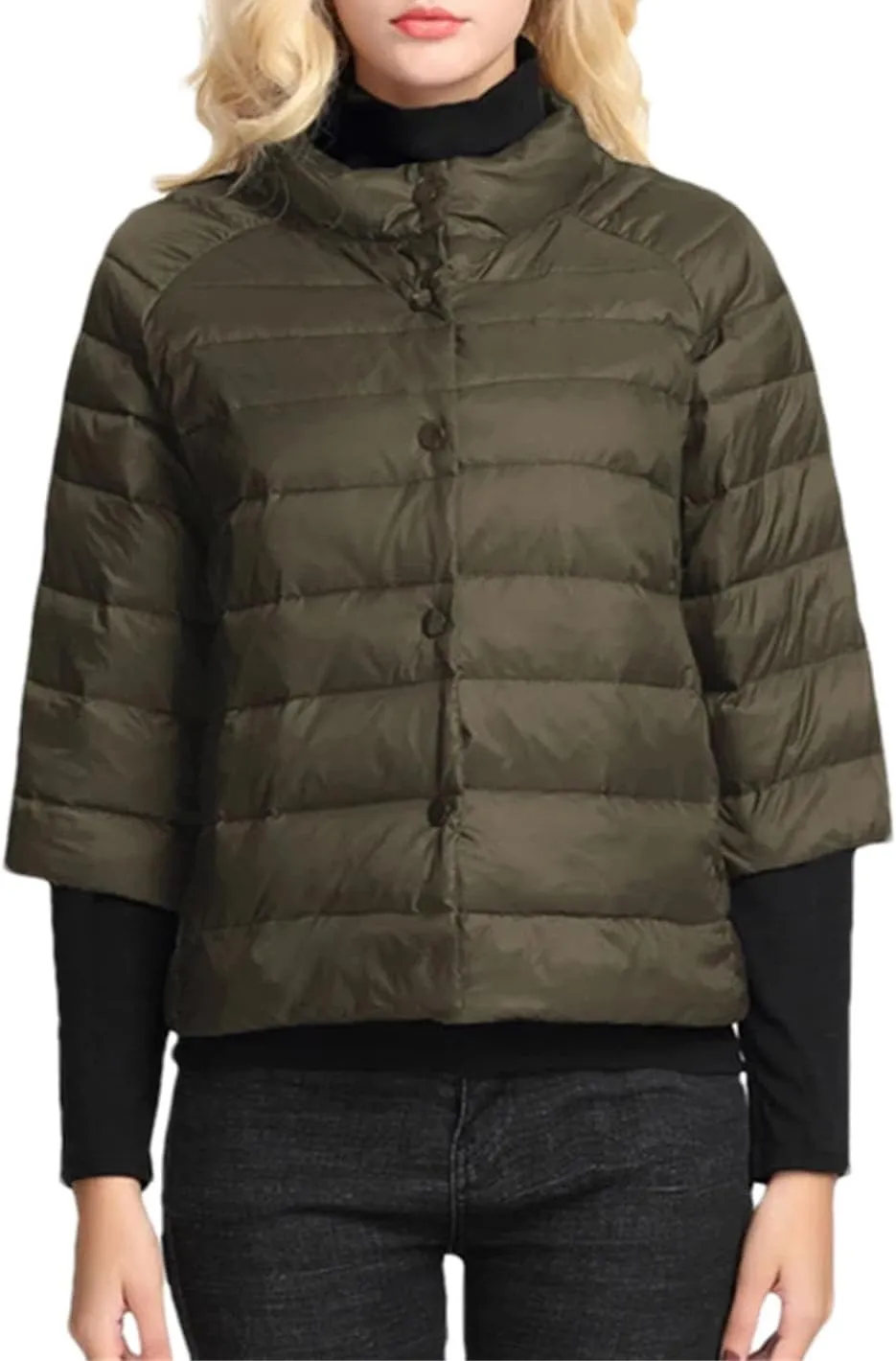 Women's Stand Collar Short Puffer Jacket Light Three Quarter Sleeves Parkas Coat