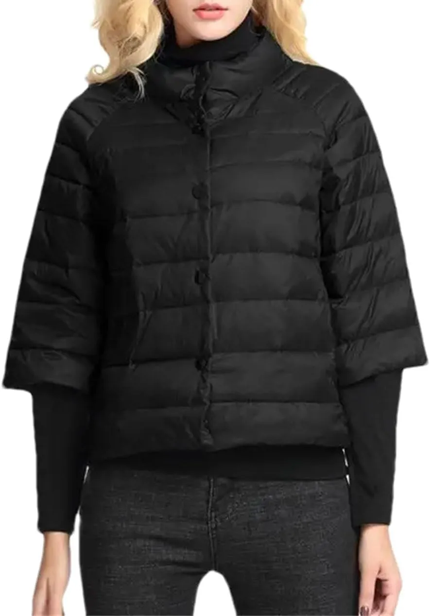 Women's Stand Collar Short Puffer Jacket Light Three Quarter Sleeves Parkas Coat