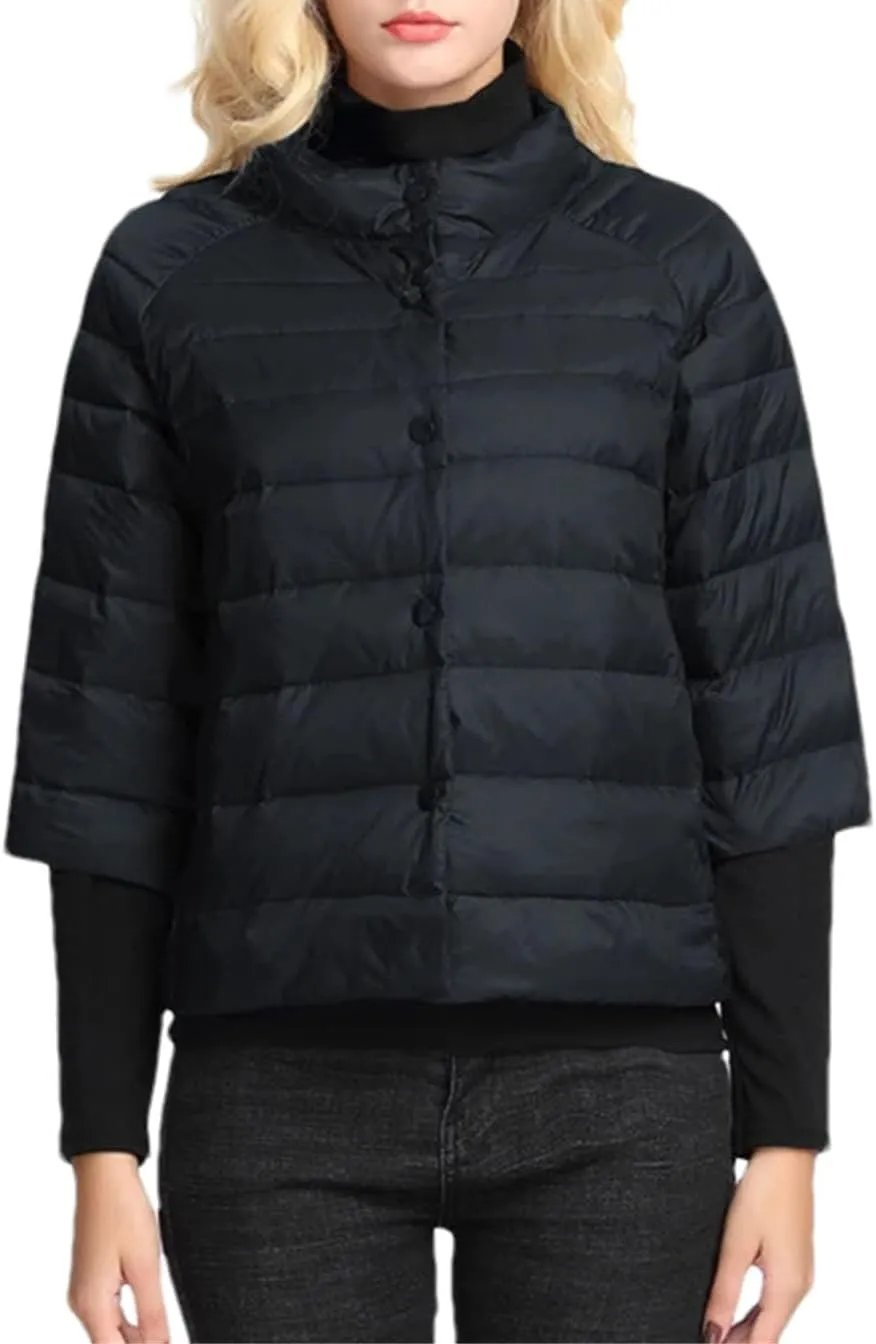Women's Stand Collar Short Puffer Jacket Light Three Quarter Sleeves Parkas Coat
