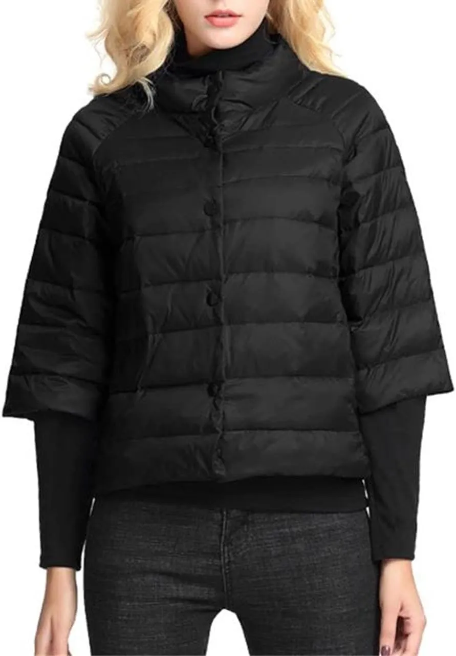 Women's Stand Collar Short Puffer Jacket Light Three Quarter Sleeves Parkas Coat