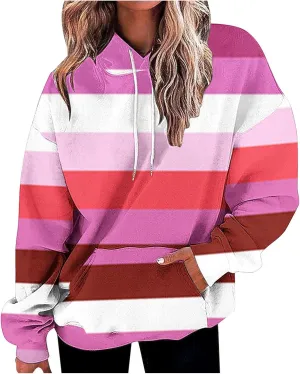 Womens Striped Hoodies Color Block Drawstring Hoodie Oversized Pullover Casual Fall Fashion Loose Fit Sweatshirt