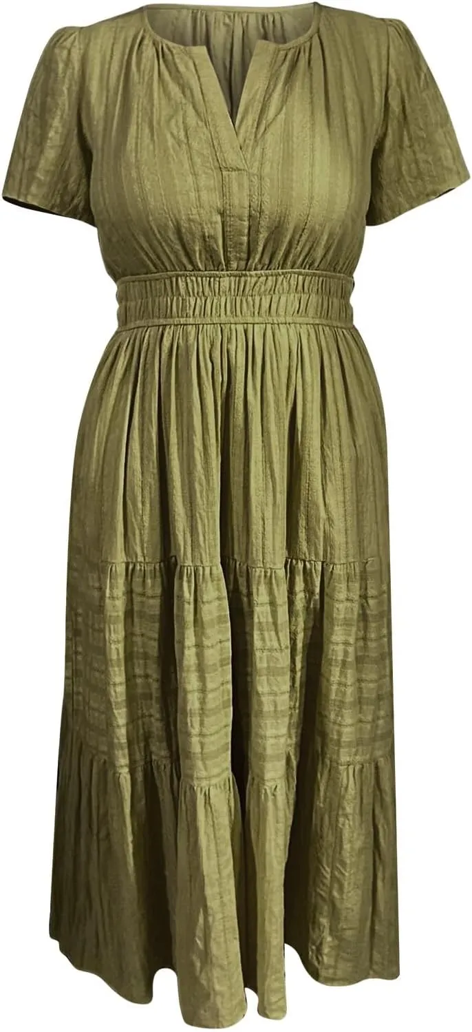 Womens Summer 2025 Casual Midi Maxi Dresses Lightweight Short Sleeve V Neck Elastic Waist Mid Length
