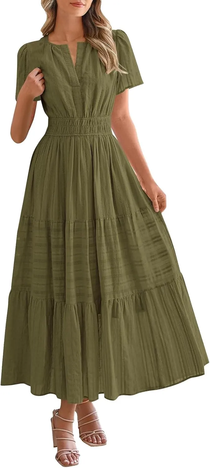 Womens Summer 2025 Casual Midi Maxi Dresses Lightweight Short Sleeve V Neck Elastic Waist Mid Length