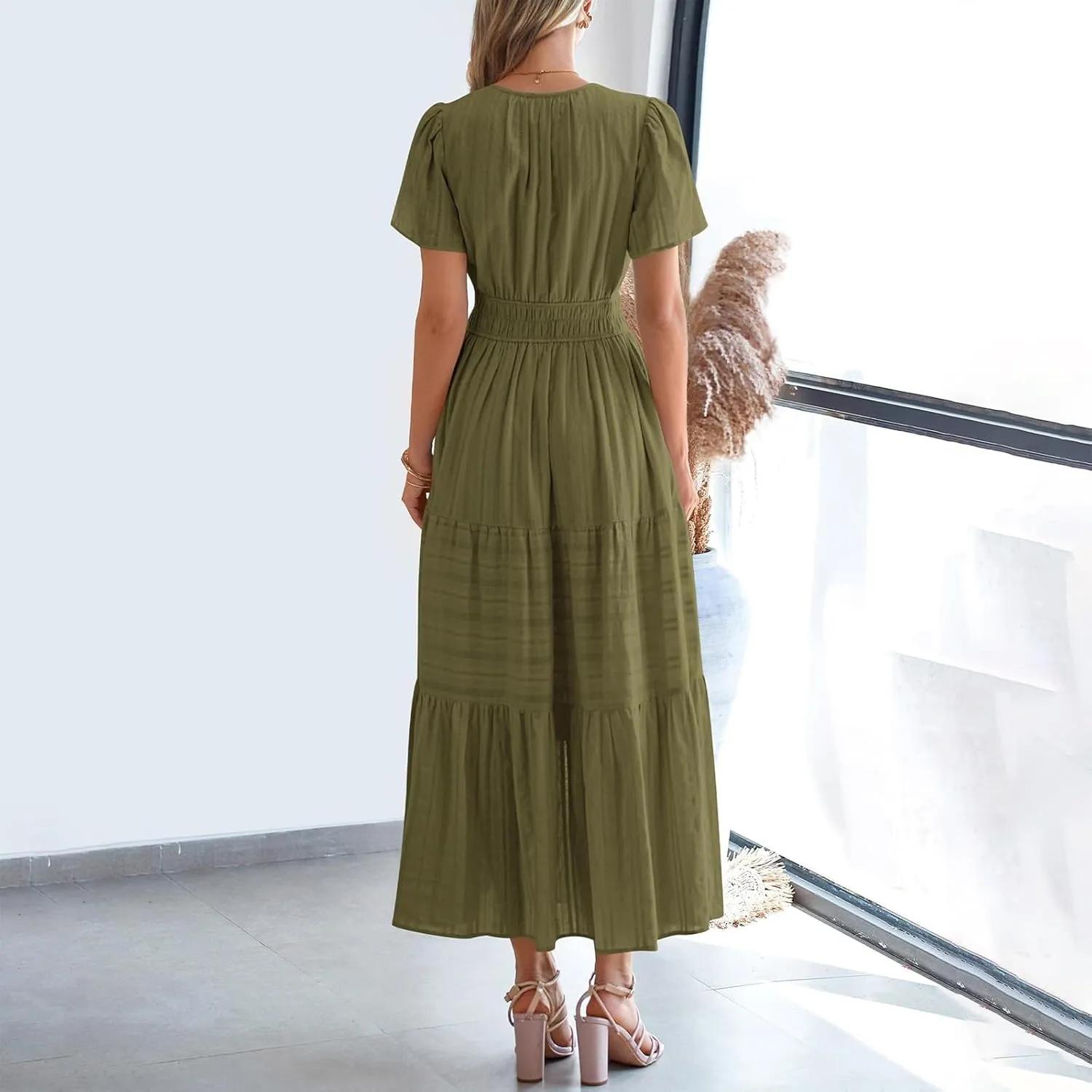 Womens Summer 2025 Casual Midi Maxi Dresses Lightweight Short Sleeve V Neck Elastic Waist Mid Length