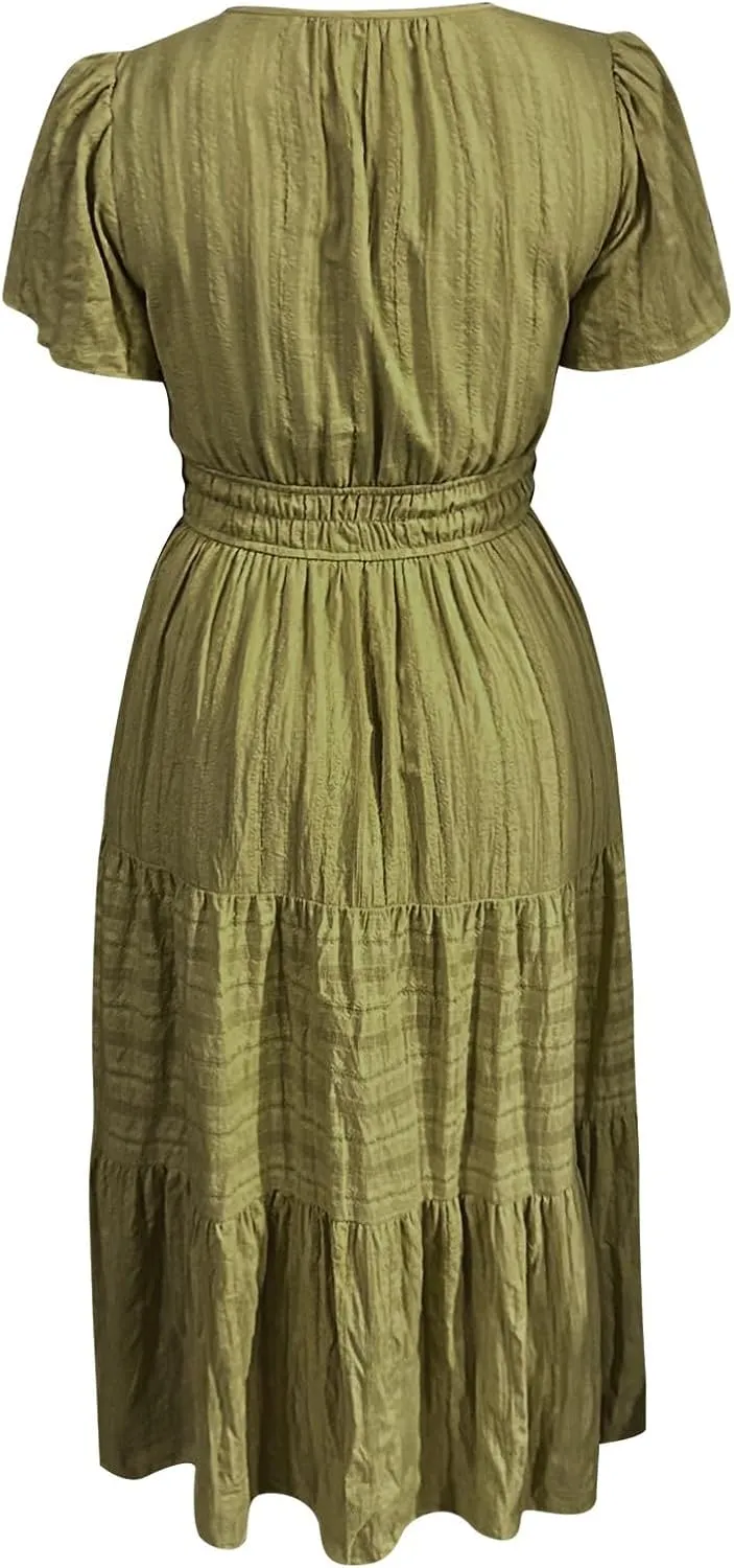 Womens Summer 2025 Casual Midi Maxi Dresses Lightweight Short Sleeve V Neck Elastic Waist Mid Length