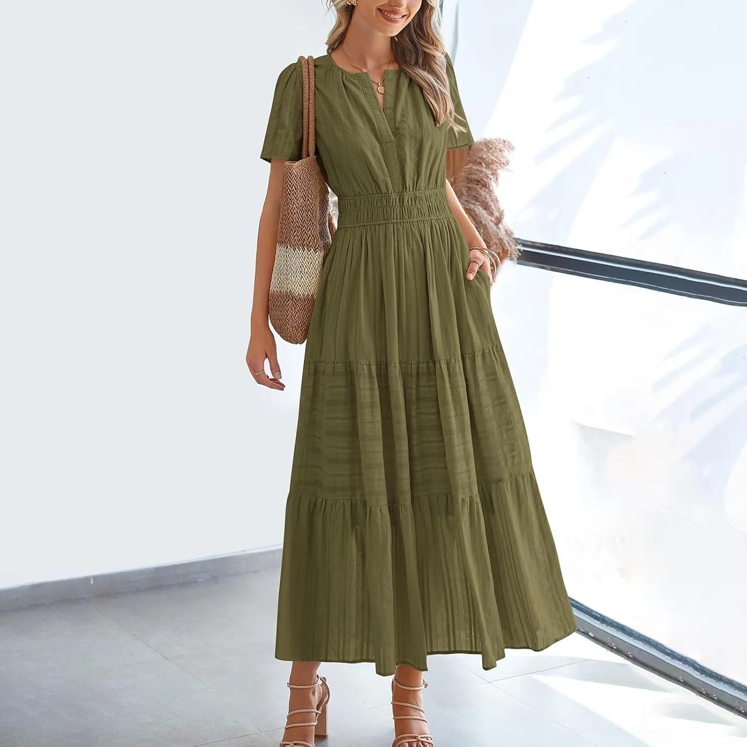 Womens Summer 2025 Casual Midi Maxi Dresses Lightweight Short Sleeve V Neck Elastic Waist Mid Length
