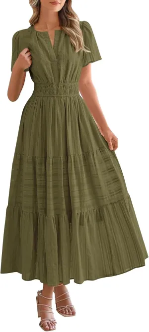 Womens Summer 2025 Casual Midi Maxi Dresses Lightweight Short Sleeve V Neck Elastic Waist Mid Length