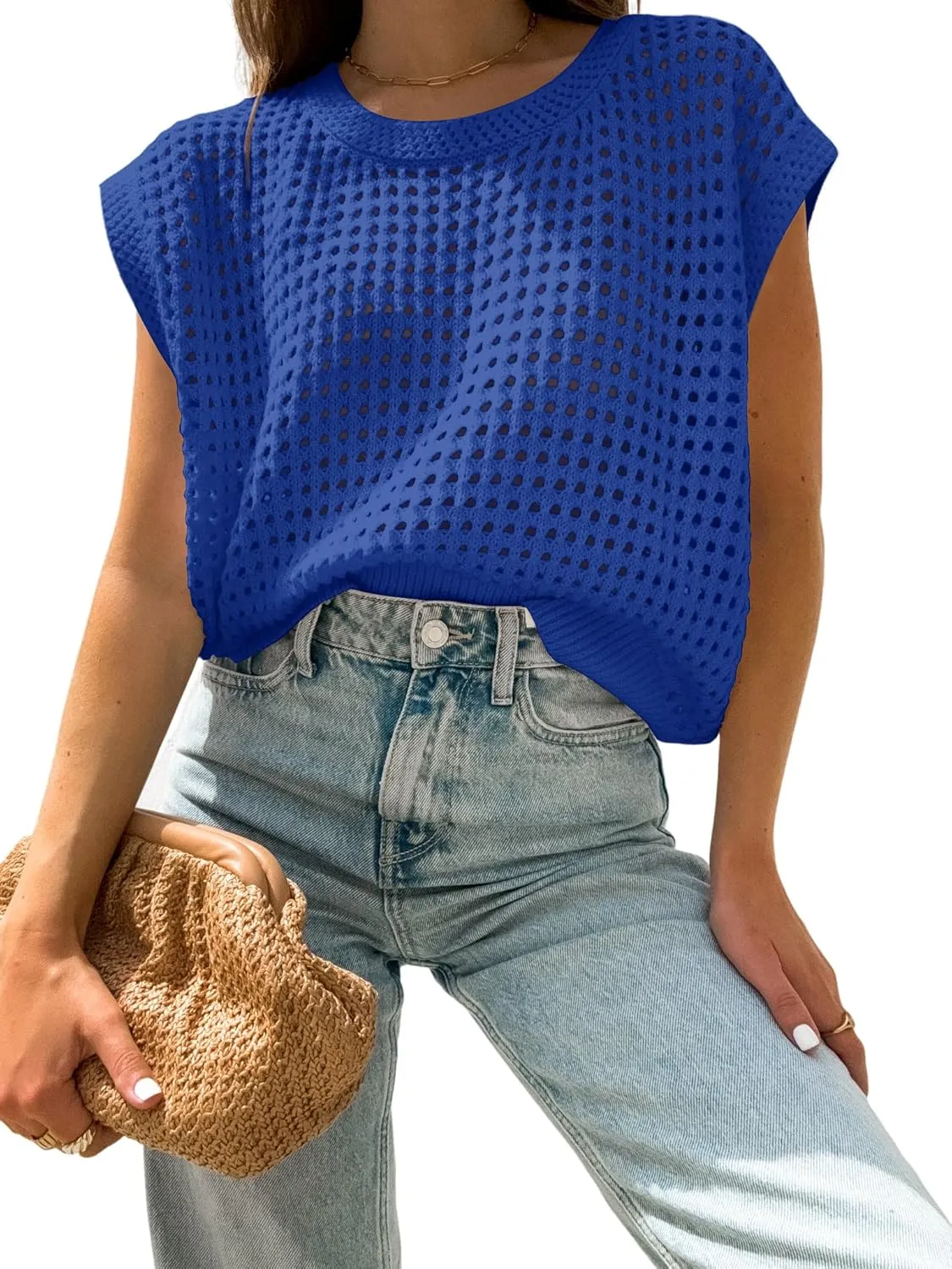 Womens Summer Crochet Tops Hollow Out Cap Sleeve Cover Up Tank Top Pullover Sweater Vest Beach Vacation Clothes