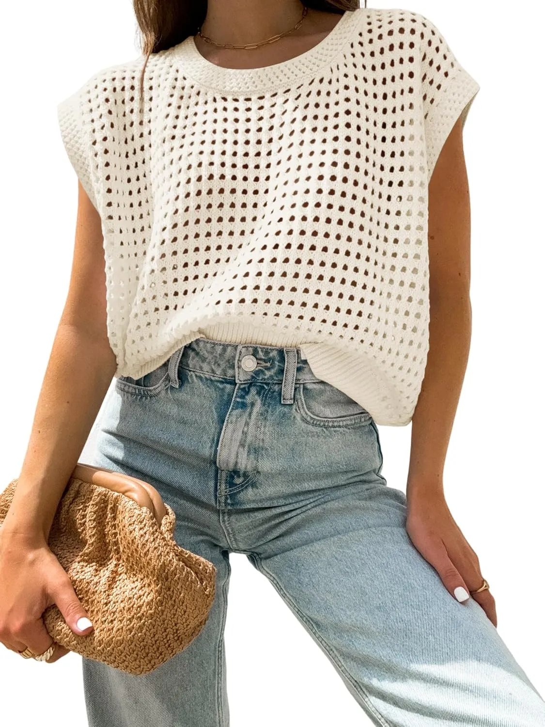 Womens Summer Crochet Tops Hollow Out Cap Sleeve Cover Up Tank Top Pullover Sweater Vest Beach Vacation Clothes