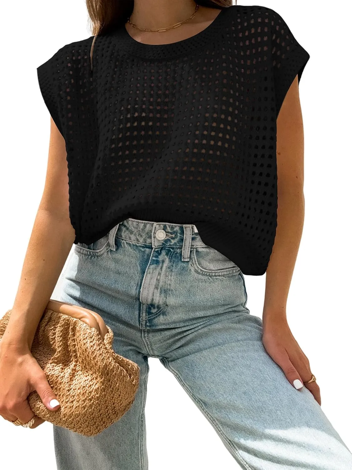 Womens Summer Crochet Tops Hollow Out Cap Sleeve Cover Up Tank Top Pullover Sweater Vest Beach Vacation Clothes