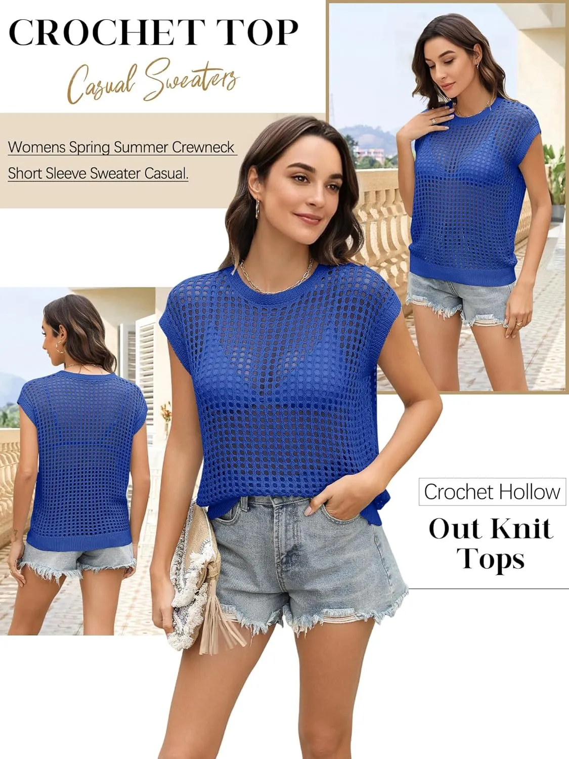 Womens Summer Crochet Tops Hollow Out Cap Sleeve Cover Up Tank Top Pullover Sweater Vest Beach Vacation Clothes