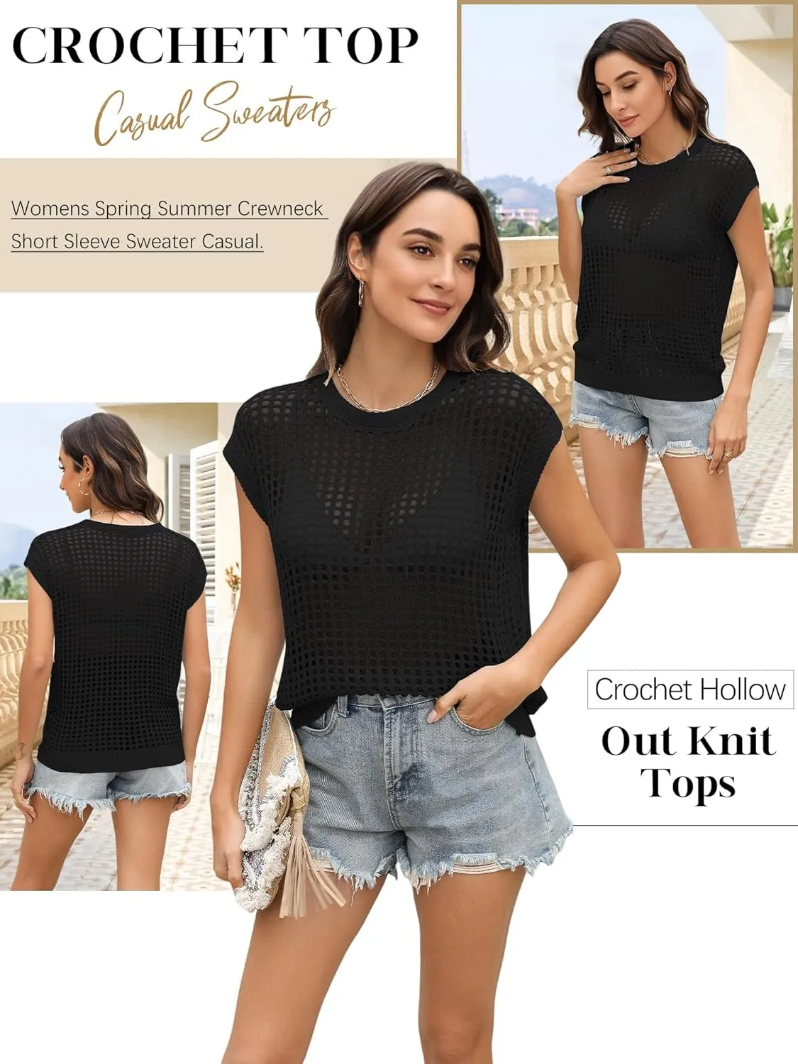 Womens Summer Crochet Tops Hollow Out Cap Sleeve Cover Up Tank Top Pullover Sweater Vest Beach Vacation Clothes