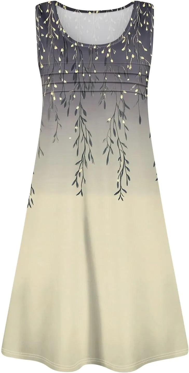 Women's Summer Dresses 2025 Beach Pleated Sleeveless Casual Skirts Floral Printed Tank Loose Fit Sundress with Pocket