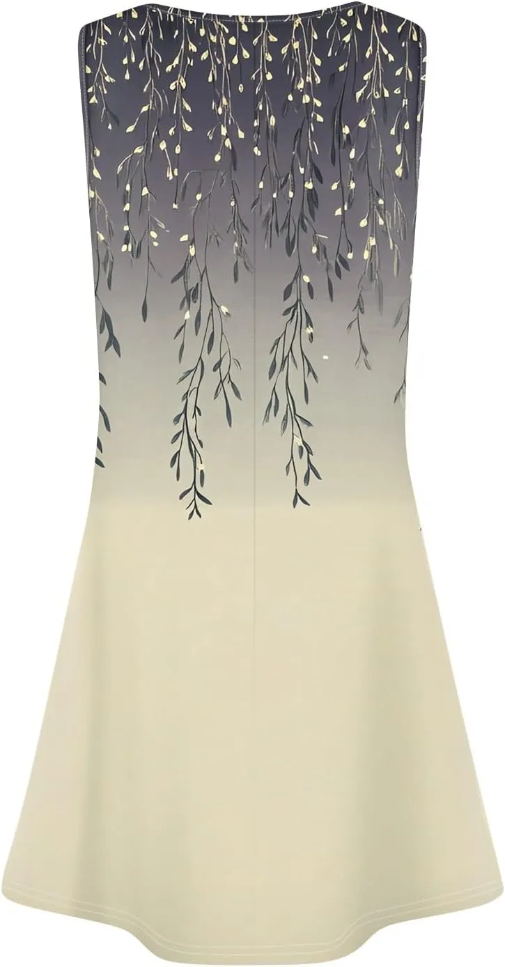 Women's Summer Dresses 2025 Beach Pleated Sleeveless Casual Skirts Floral Printed Tank Loose Fit Sundress with Pocket