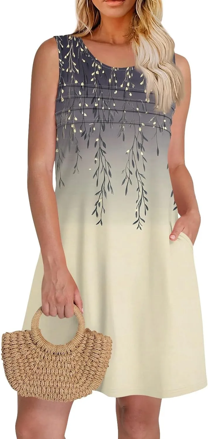 Women's Summer Dresses 2025 Beach Pleated Sleeveless Casual Skirts Floral Printed Tank Loose Fit Sundress with Pocket