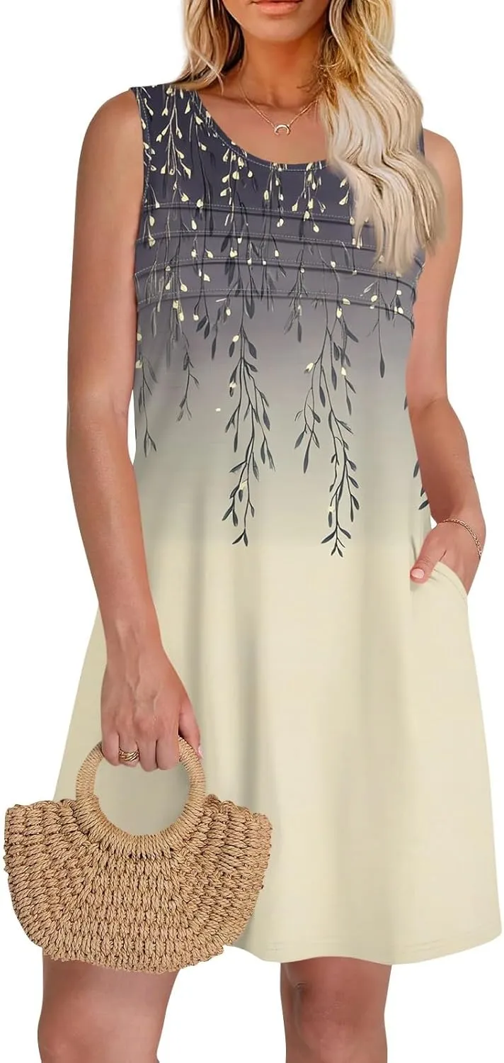 Women's Summer Dresses 2025 Beach Pleated Sleeveless Casual Skirts Floral Printed Tank Loose Fit Sundress with Pocket