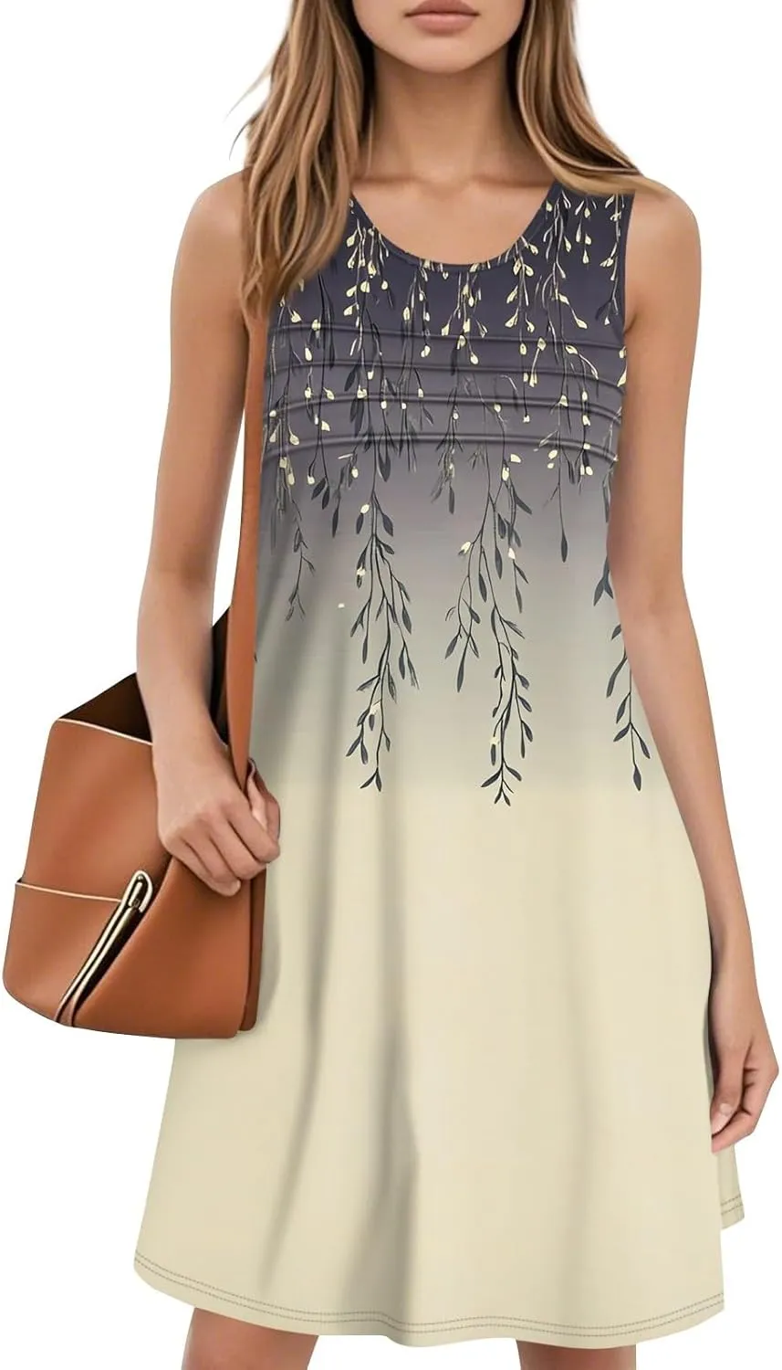 Women's Summer Dresses 2025 Beach Pleated Sleeveless Casual Skirts Floral Printed Tank Loose Fit Sundress with Pocket