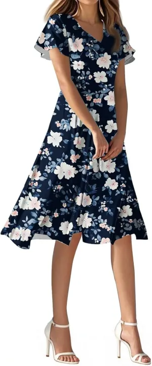 Women's Summer Dresses 2025 Short Sleeve Casual Midi Dresses V-Neck Floral Beach Vacation Party Dress