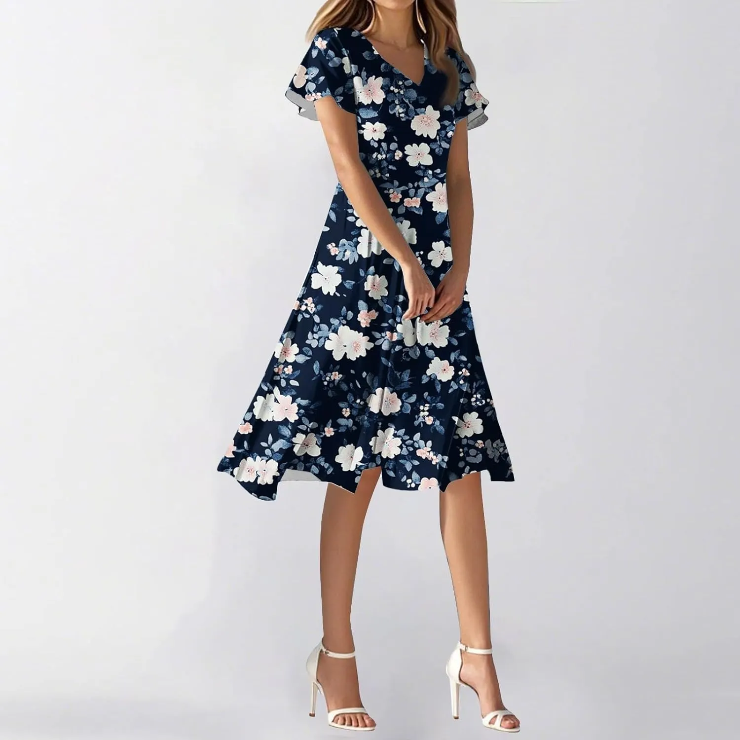 Women's Summer Dresses 2025 Short Sleeve Casual Midi Dresses V-Neck Floral Beach Vacation Party Dress