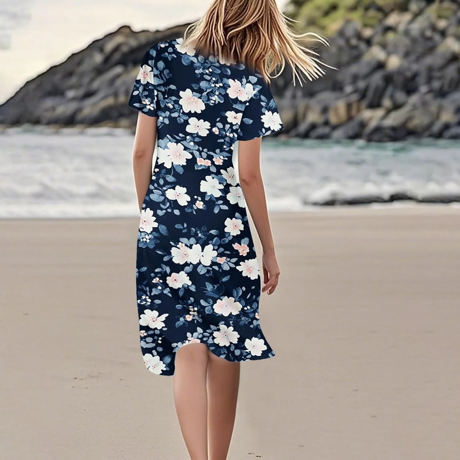 Women's Summer Dresses 2025 Short Sleeve Casual Midi Dresses V-Neck Floral Beach Vacation Party Dress