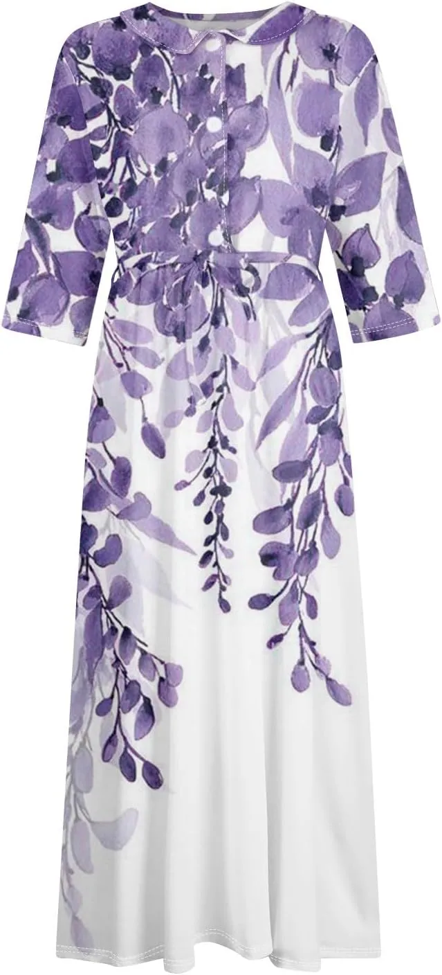 Womens Summer Dresses 3/4 Sleeve Lapel Neck Button Cute A Line Lace-Up Dress Boho Floral Vacation Beach Maxi Dress