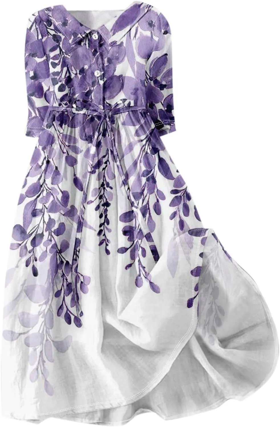 Womens Summer Dresses 3/4 Sleeve Lapel Neck Button Cute A Line Lace-Up Dress Boho Floral Vacation Beach Maxi Dress