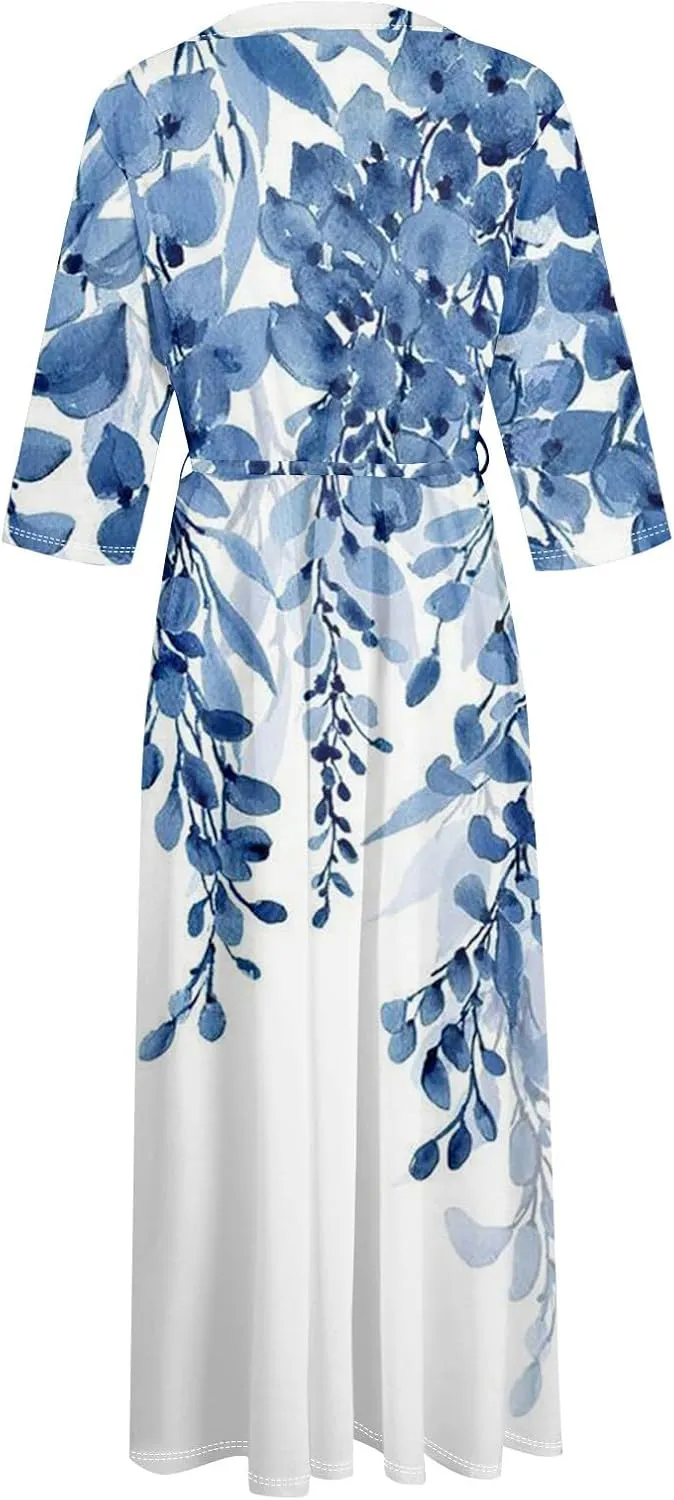 Womens Summer Dresses 3/4 Sleeve Lapel Neck Button Cute A Line Lace-Up Dress Boho Floral Vacation Beach Maxi Dress