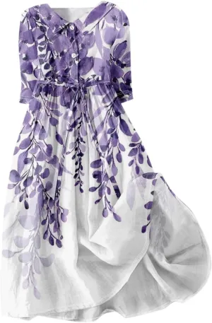 Womens Summer Dresses 3/4 Sleeve Lapel Neck Button Cute A Line Lace-Up Dress Boho Floral Vacation Beach Maxi Dress