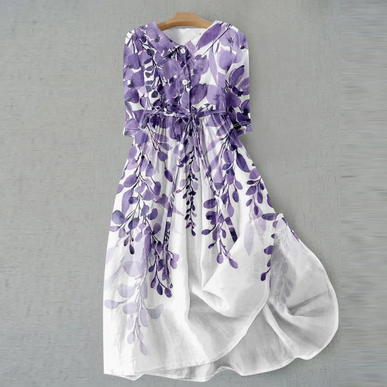 Womens Summer Dresses 3/4 Sleeve Lapel Neck Button Cute A Line Lace-Up Dress Boho Floral Vacation Beach Maxi Dress
