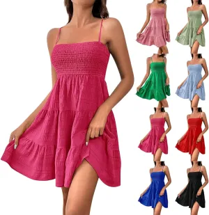 Womens Summer Dresses Casual Square Neck Smocked Tiered Dresses Ruched Spaghetti Strap Sleeveless Beach Mini Sundress