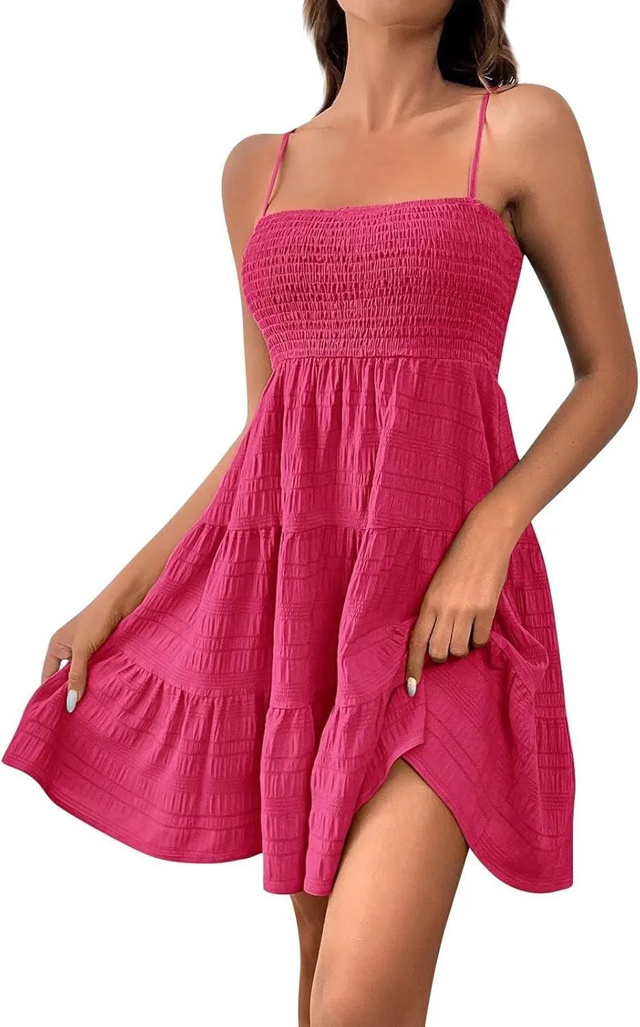 Womens Summer Dresses Casual Square Neck Smocked Tiered Dresses Ruched Spaghetti Strap Sleeveless Beach Mini Sundress