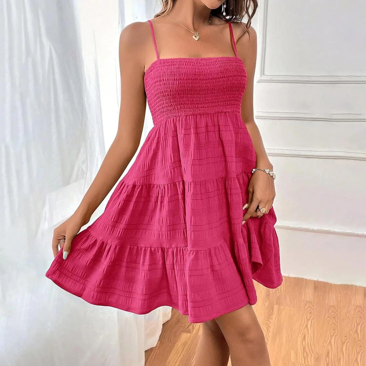 Womens Summer Dresses Casual Square Neck Smocked Tiered Dresses Ruched Spaghetti Strap Sleeveless Beach Mini Sundress