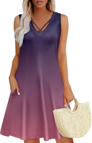 Women's Summer Dresses V Neck Sleeveless Gradient Loose Beach Vacation Casual with Pocketes Short Dress, S-3XL