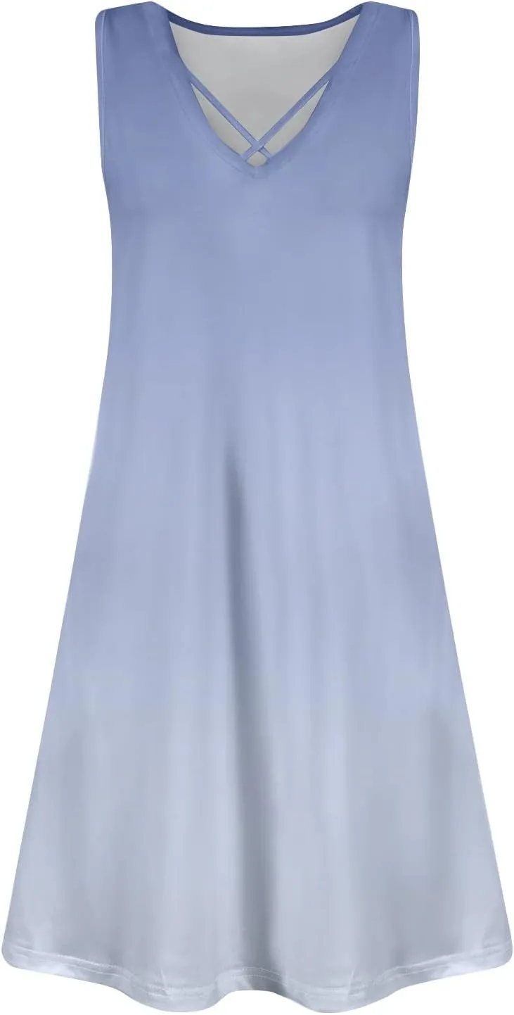Women's Summer Dresses V Neck Sleeveless Gradient Loose Beach Vacation Casual with Pocketes Short Dress, S-3XL